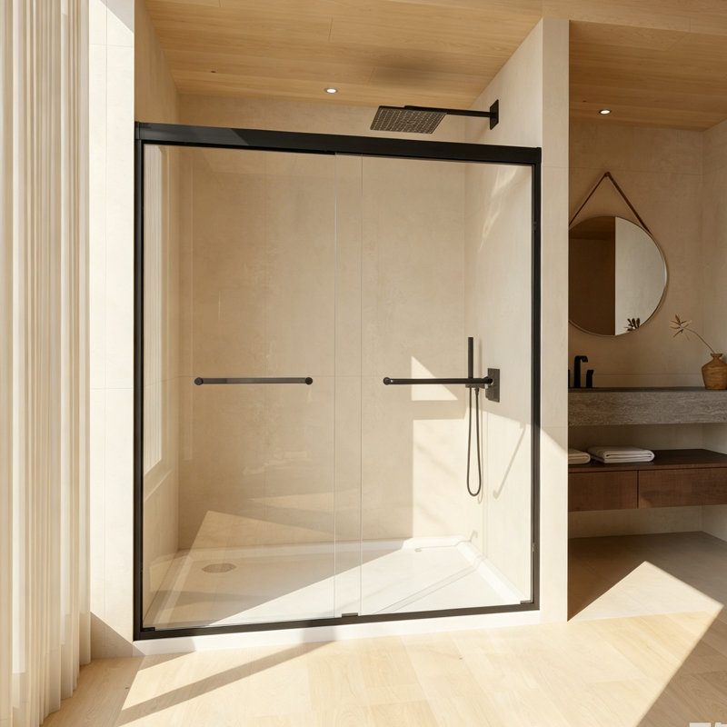 Porte de douche double coulissante 56-60 "x 72" - Cadre en aluminium noir mat avec verre trempé antidéflagrant de 6 mm