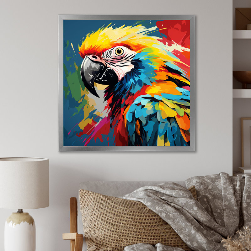 Pop Art perroquet Ara Portrait - art mural perroquet, H 36 po x l 36 po x P 1,5 po, Encadrement doré