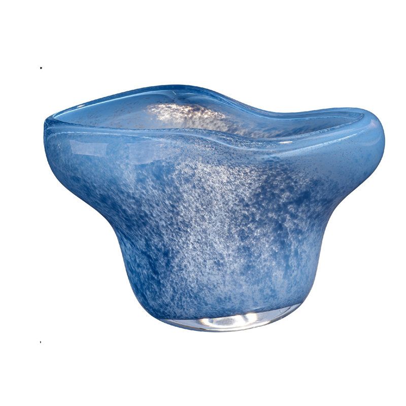 Bol décoratif Lesy, bord froncé à volants, verre soufflé bleu 14 pouces