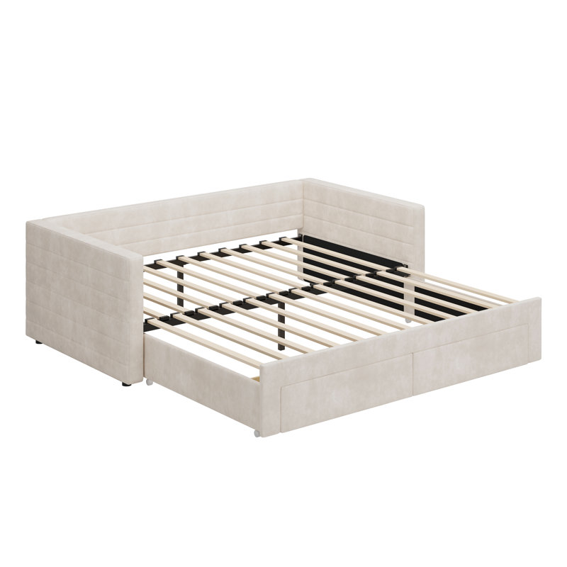 Upholstered Extendable Daybed With Trundle,Twin To Kingdesign Fabric Sofa Bed With Storage Drawers