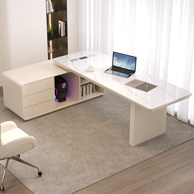 White + Beige-white L-Shaped Sintered Stone + Manufactured Wood with 3 drawers desk