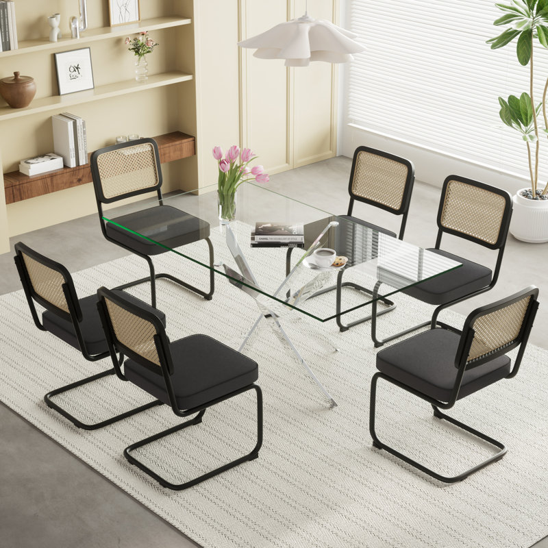 Modern 63" Glass Dining Table Set, Black, 7, 29.5" H x 63" W x 31.5" D