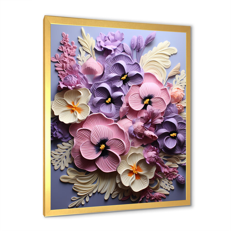 Pensées à l'aiguille - rose et mauve, H 32 po x l 24 po x P 1 po, Cadre doré simple