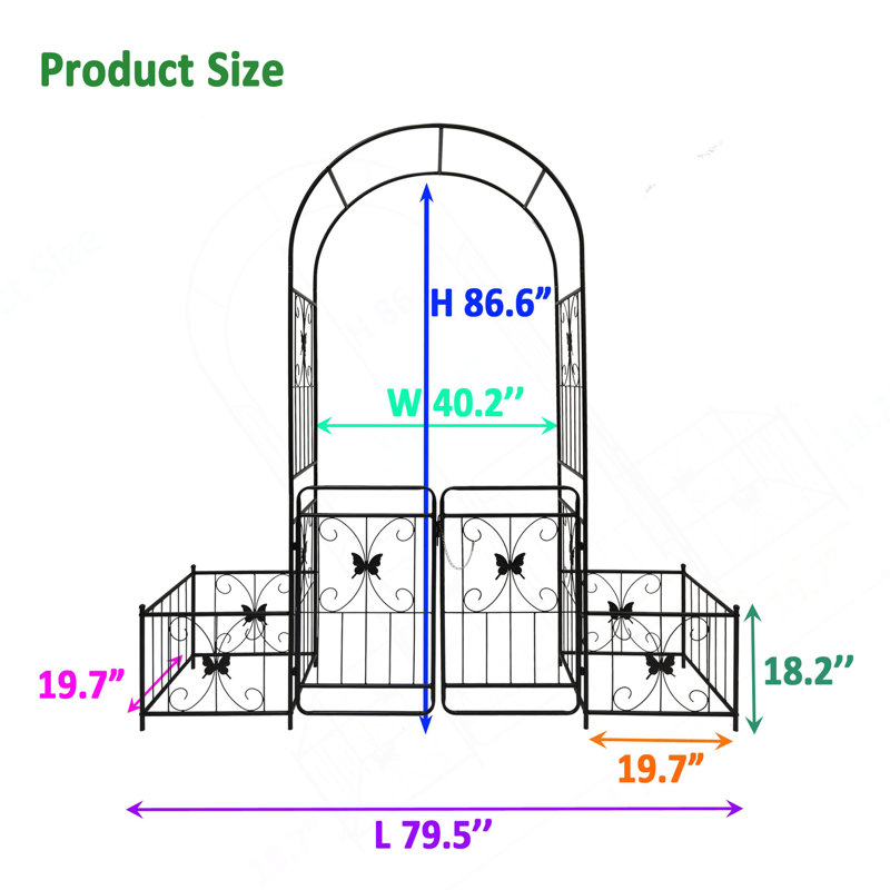 Arche de jardin en métal avec barrière 79,5 po de large x 86,6 po de hauteur pour plantes grimpantes supportant une arche de rose noire