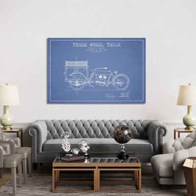 William S. Harley Three Wheel Truck Patent Sketch (Light Blue) 1 Piece Wrapped Canvas Wall Art