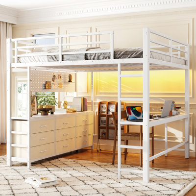 Lit mezzanine grand format avec bureau, tiroirs, lampe à DEL, port USB et miroir. Cadre de lit mezzanine robuste et haut, idéal pour les adolescents et les adultes. Blanc.