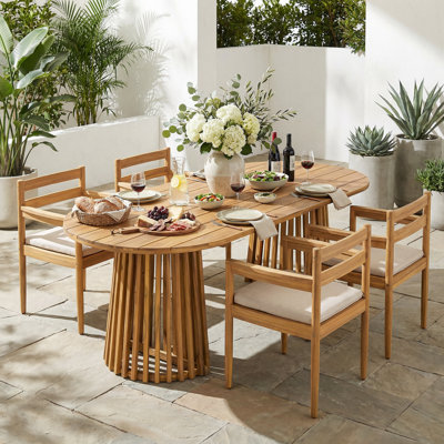 Lynx Outdoor 4-Person Acacia Wood Dining Set With Cushions & Dual Slatted Pedestal Bases