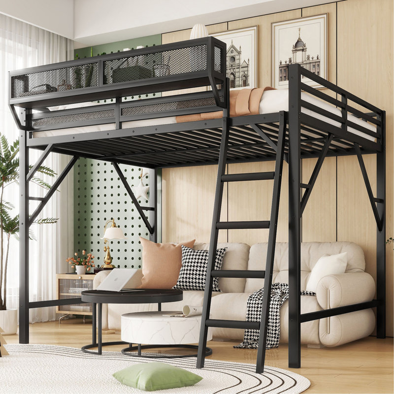 Loft Bed With Ladder, Metal Loft Bed With Storage Shelves, High Loft Bed For Kids Teens, Black, Full