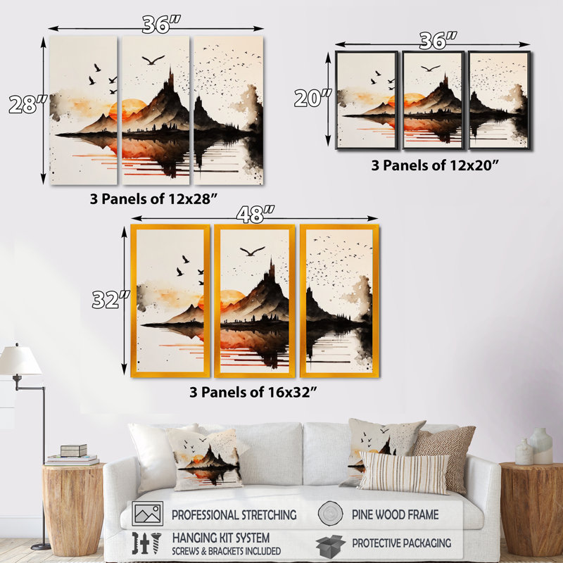 «Epic Red Moon Sunset I», impression sur toile 3 pièces, Toile encadrée noire, H 28 po x l 36 po x P 1 po