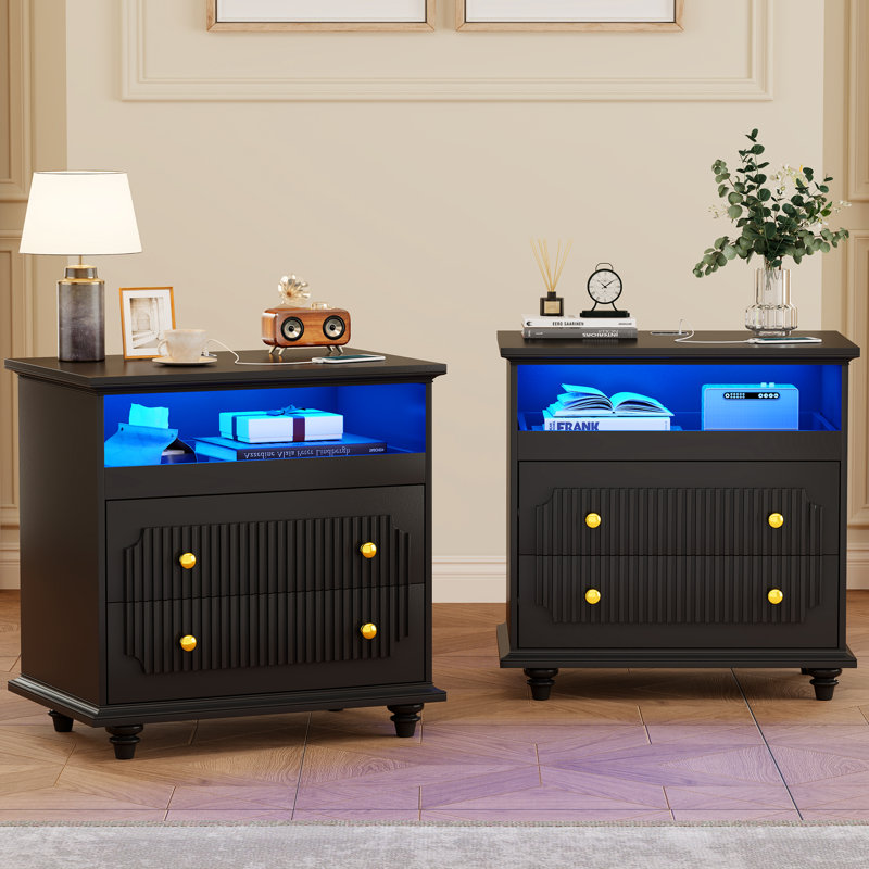 2-Drawer Nightstand With Light, Black