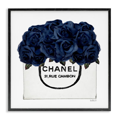 Chic Navy Blue Roses in Glam Fashion Bag Black Framed Giclee Texturized Art by Amanda Greenwood