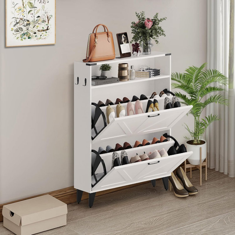 Freestanding Shoe Cabinet, 2 Flip Drawers Front Door Shoe Rack With Adjustable Shelf & Metal Legs, Shoe Rack For Front Door Entrance, Entryway, 31.5" D X 9.45" W X 44.49" H, White
