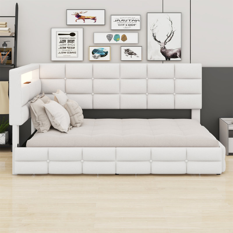 Upholstered Daybed With Storage 2 Drawers And Charging Station, Day Bed Frame With LED Lights And Storage Headboard, Beige