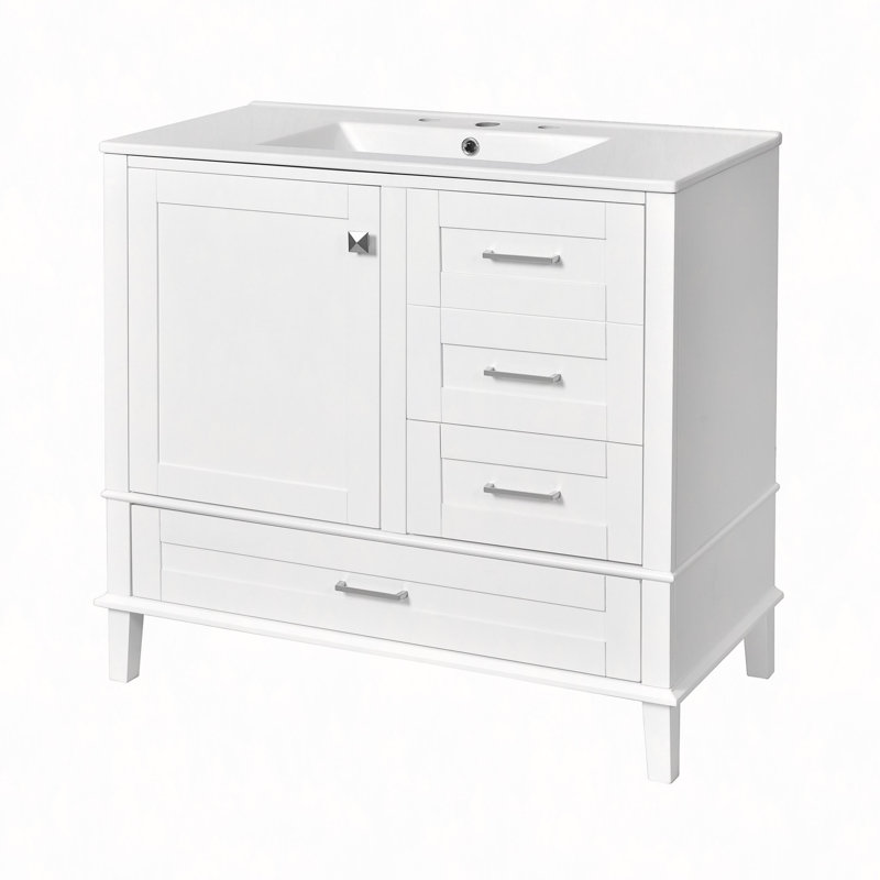 Meuble-lavabo 36 po avec cadre en pin massif, 1 porte à fermeture douce et 3 tiroirs, armoire de rangement, Blanc
