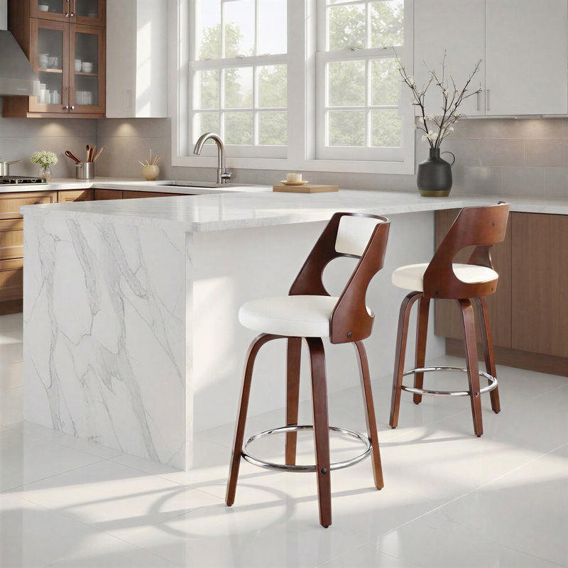 Betuel Swivel Upholstered Counter Stool, Counter Stool (24.5" Seat Height), White Faux Leather/Mahogany Frame