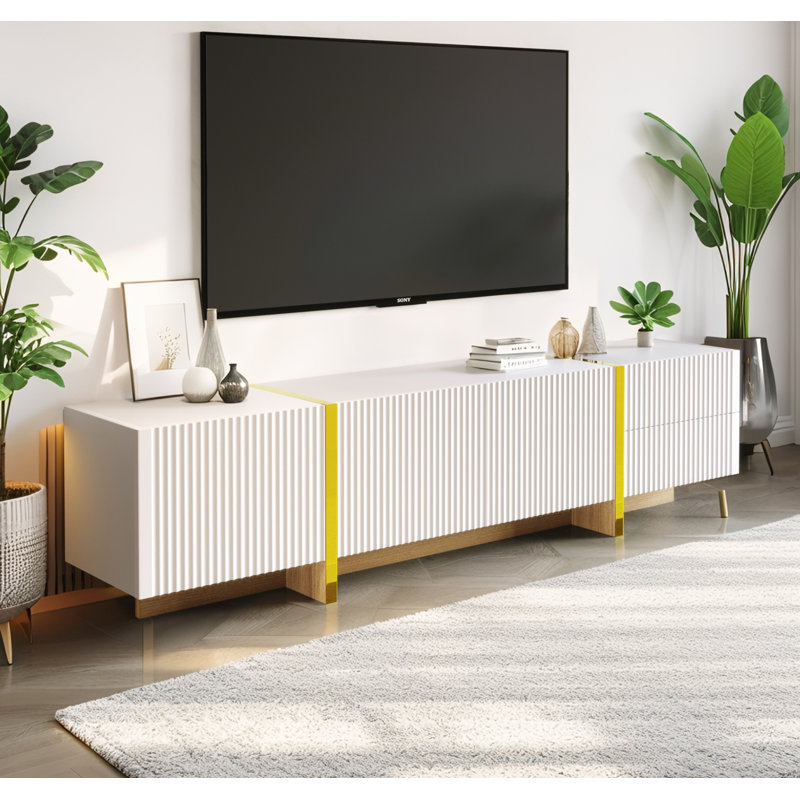 Meuble télé 74,7 po 3 portes 2 tiroirs, Blanc / Doré