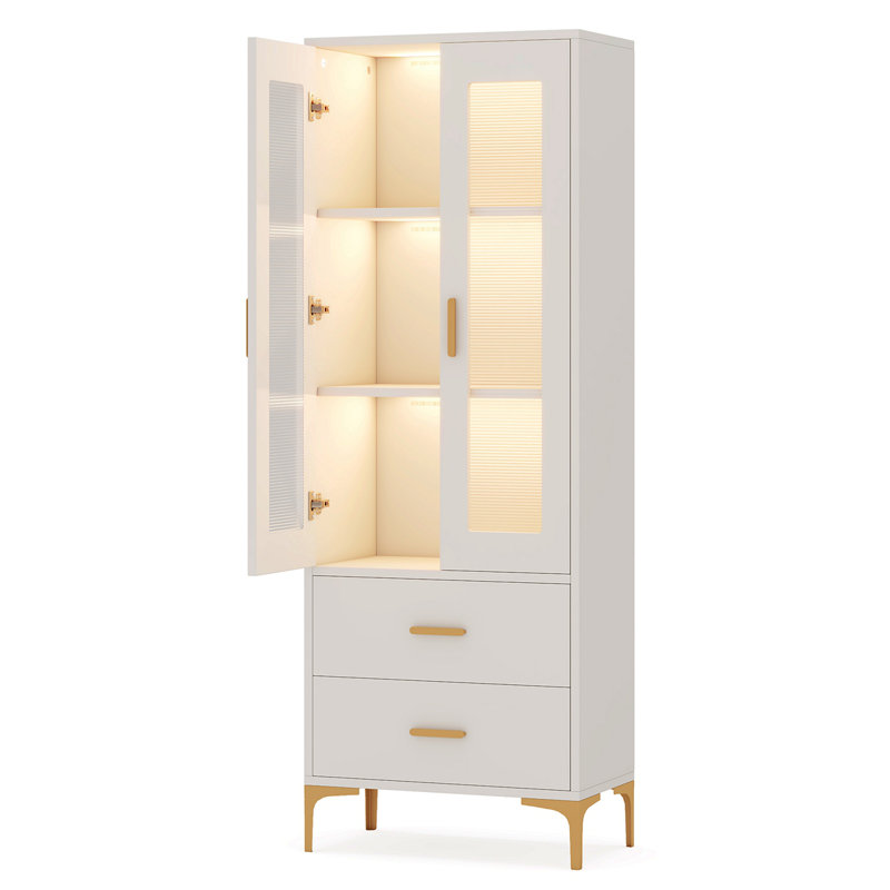 Bibliothèque blanche 64,96 "avec portes, tiroirs et armoire de rangement haute lumière à DEL RVB pour salon, bureau, chambre à coucher