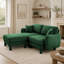 Canapé d'angle 2 places en tissu bouclé, avec accoudoirs originaux en forme de coquillage et pouf amovible, pieds cylindriques recouverts du même tissu, coloris vert.