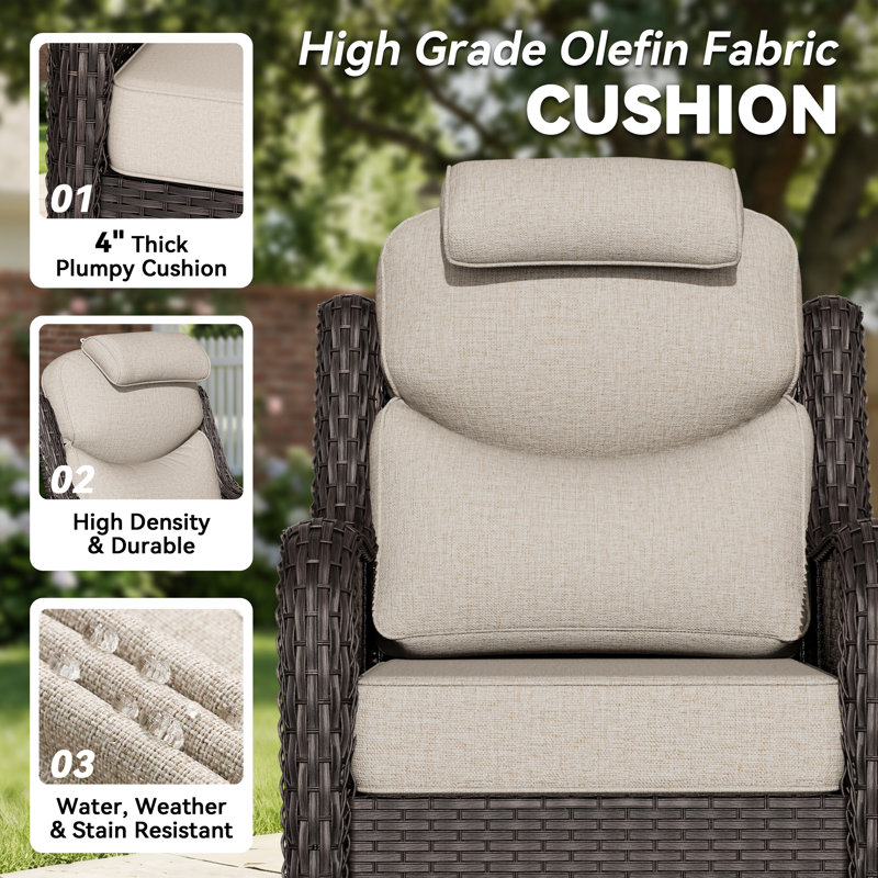Adcox 4-Person Outdoor Rattan Patio Seating Group With Swivel Chairs, Headrest Pillows, Side Table and Beige Cushions, Beige