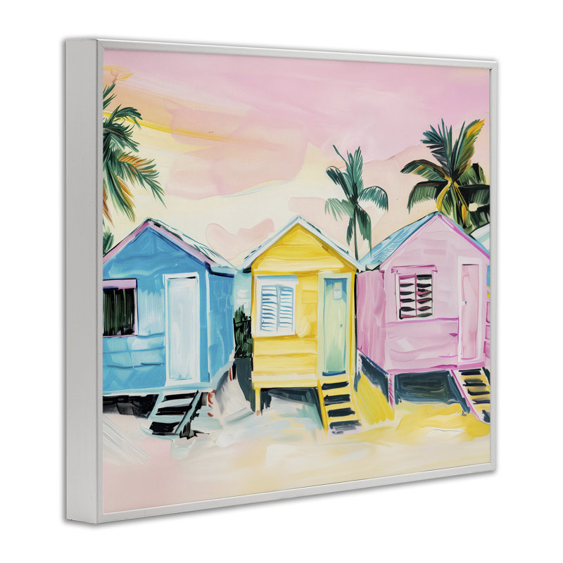 Giclée encadrée de cabines de plage tropicales pastel, design par Arlington Prints, H 24 po x l 30 po