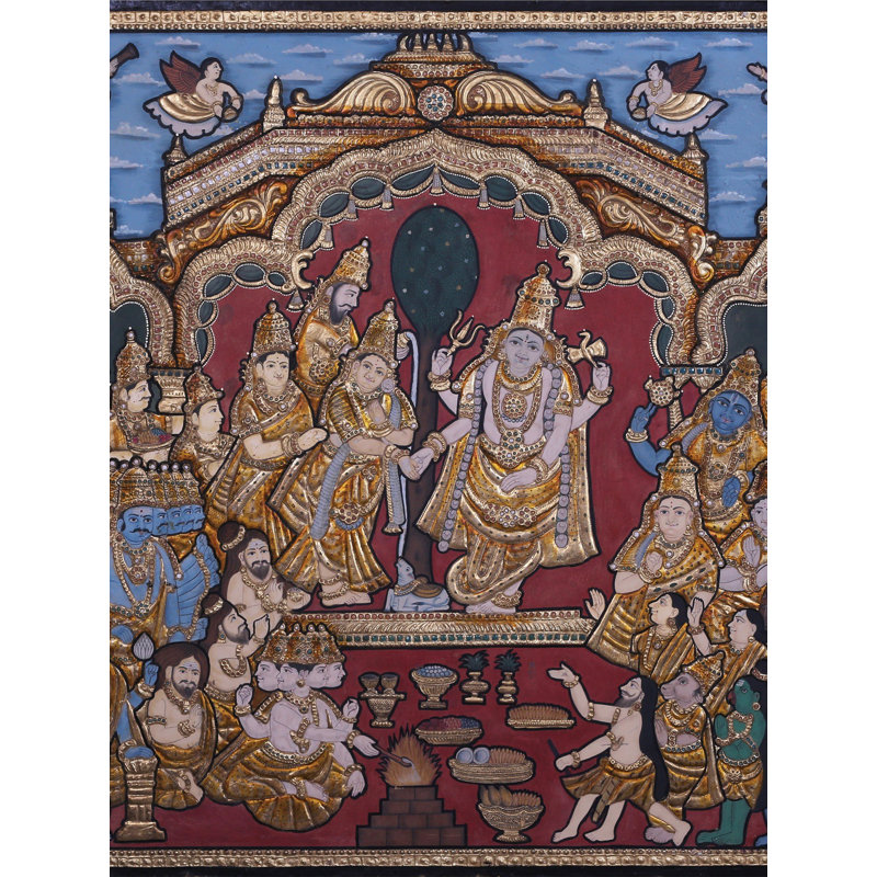 Déesse Meenakshi Kalyanam | Couleurs traditionnelles avec or 24 carats | Avec cadre