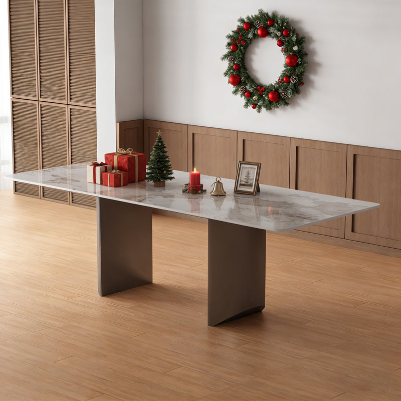 Extendable 63'' to 94.5'' Dining Table,Rectangular Sintered Stone Top,Stainless Steel Legs for 6-10 People