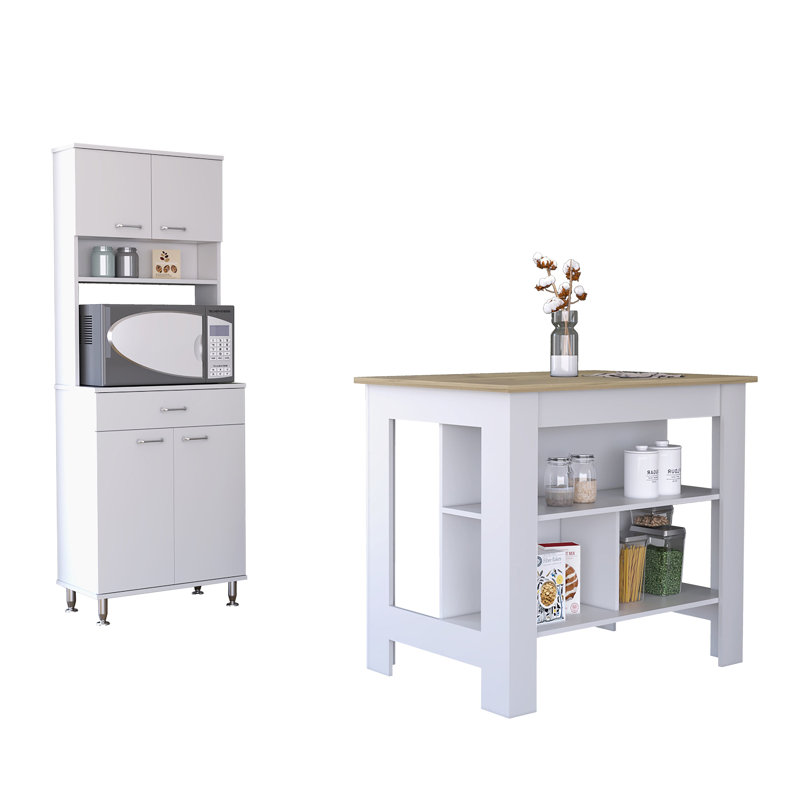 2 Piece Kitchen Set, Kitchen Island + Kitchen Pantry, White/Light Oak