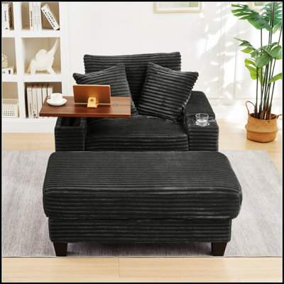 Canapé de rangement polyvalent en velours côtelé avec pouf et table pivotante pour espaces de vie modernes