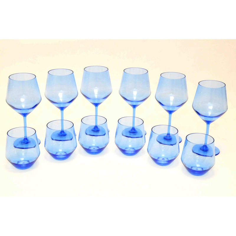 Darnez Angle Collection 12 Pieces Acrylic Wine Glass Set - Includes 2 Sizes, Blue