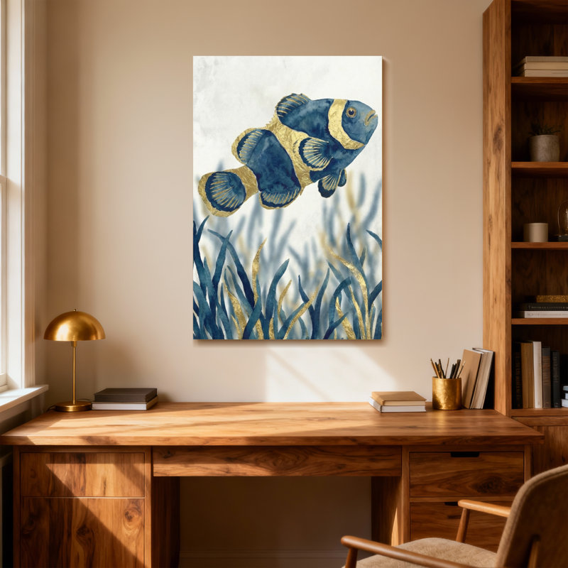 Animals Blue And Gold Clownfish With Seagrass Background, 12" H x 18" W