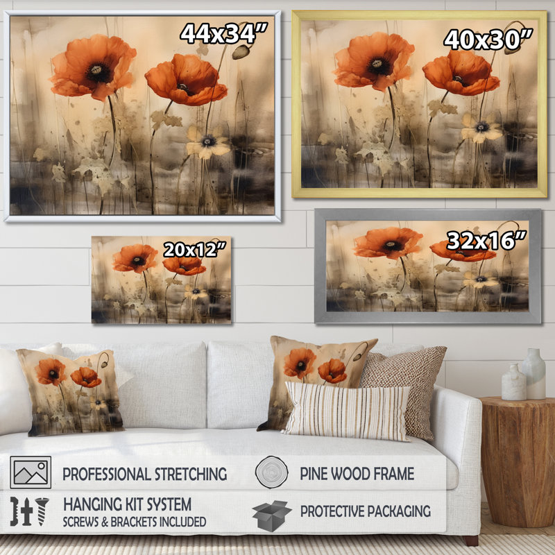 Brilliant Poppies I - Art mural floral, H 12 po x l 20 po x P 1 po, Cadre simple noir