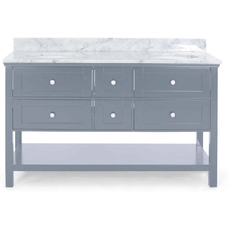 Meuble-lavabo 61 po avec comptoir en marbre et deux lavabos en céramique 61 po, Gris