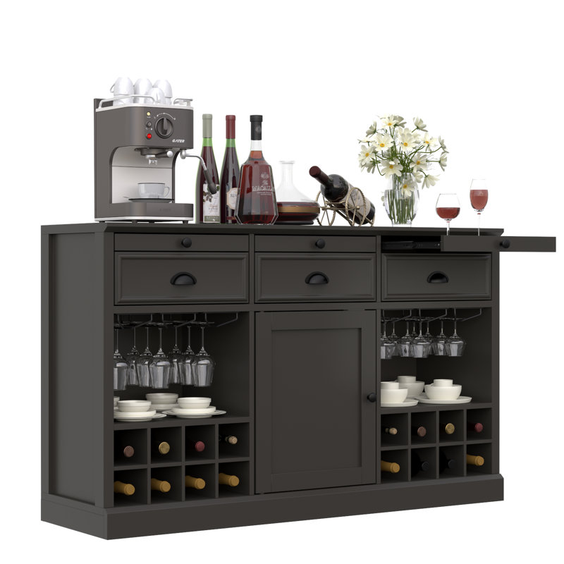 Wine Bar Cabinet With Pull-Out Trays, Coffee Bar Cabinet With Door & Adjustable Shelf, White