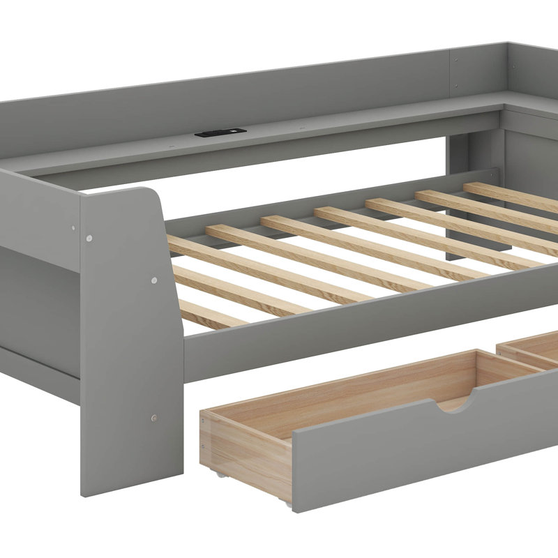 Lit de jour simple avec tablettes, tiroirs et station de charge, Gris