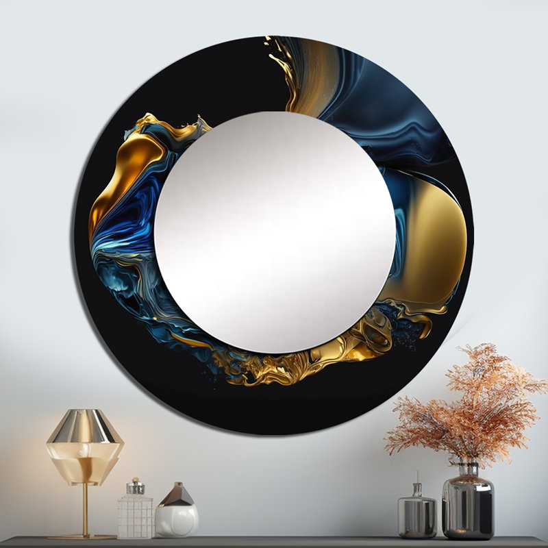 Phillicia abstrait marbre géode bleu et or - grand miroir à encre liquide, décor de miroir mural rond bleu unique, impression sur métal