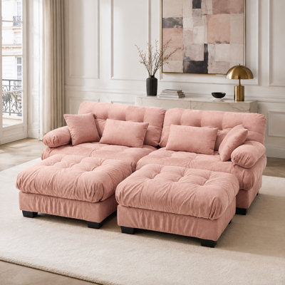 Gillium 88" 4-Seater U-Shaped Modular Sectional Sofa with 2 Movable Ottomans, Deep Seats, Flannelette Upholstery and 4 Pillows