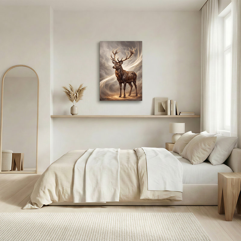 Art mural sur toile de cerf brun avec des bois et une poussière dorée, H 48 po x l 32 po