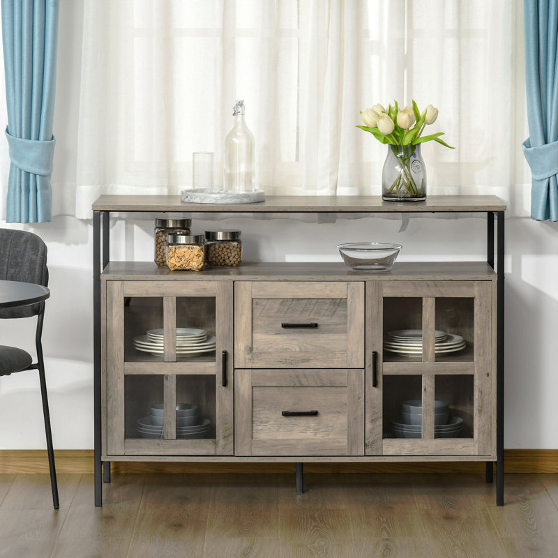 Buffet industriel, armoire de bar avec tablettes réglables, portes en verre et 2 tiroirs pour le salon