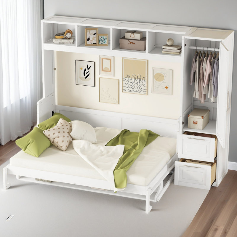 Grand lit escamotable mural avec placard et tiroirs, Blanc