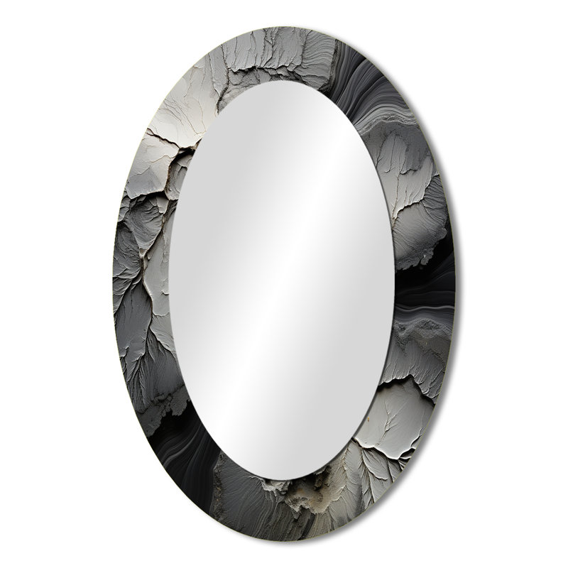Géode de pierre grise et minimalisme - Grand miroir mural ovale sur métal, H 36 po x l 24 po