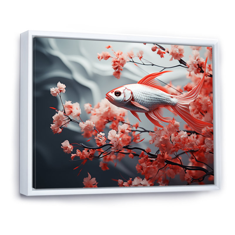 " Red And Grey Kois Fish Swimming With Serenity II ", 24" H x 32" W x 1" D, White Floater Framed