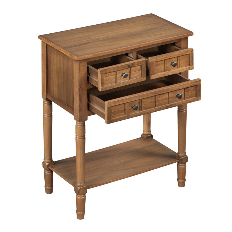 31" H Narrow Console Sofa Table with 3 Drawers and Shelf, Solid Wood Frame, Natural Wood