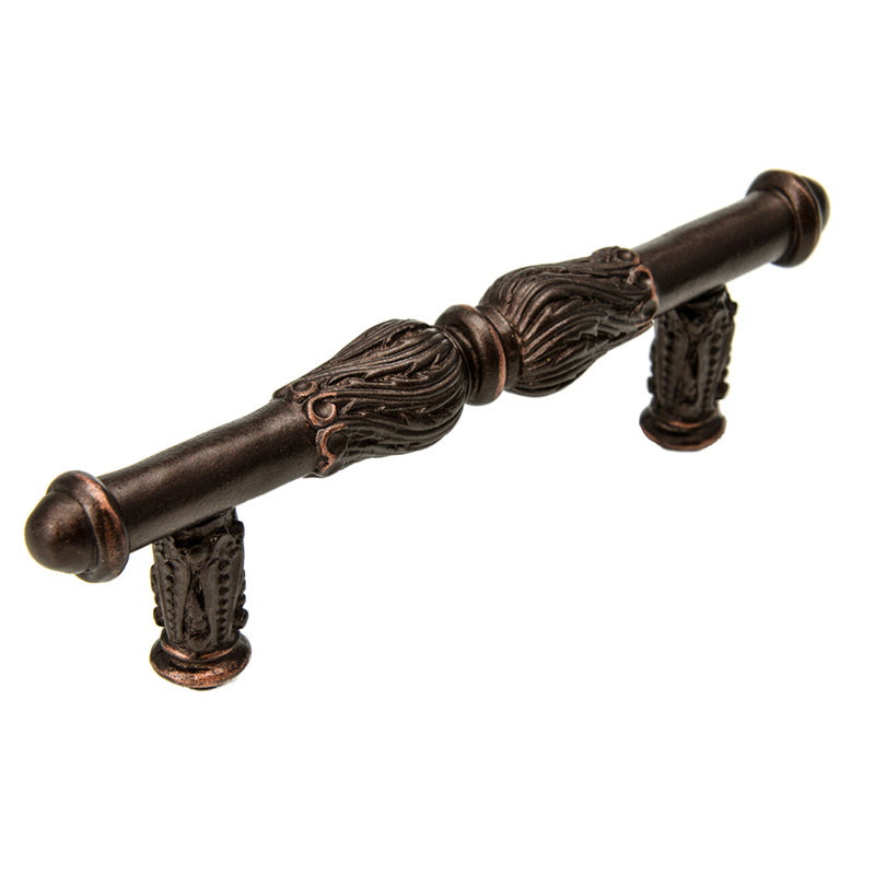 Poignée d'acanthe avec volute de plumes, Bronze frotté à l'huile, 3"