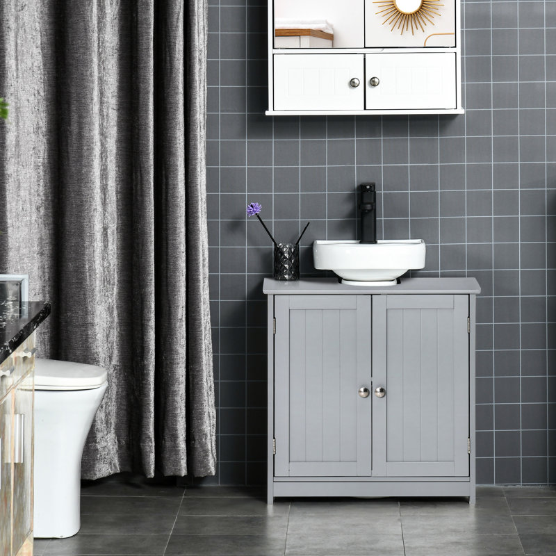 Meuble sous-lavabo gris, gain d'espace, avec découpe en U et tablette ajustable pour le rangement des produits d'hygiène. Convient aux besoins quotidiens.