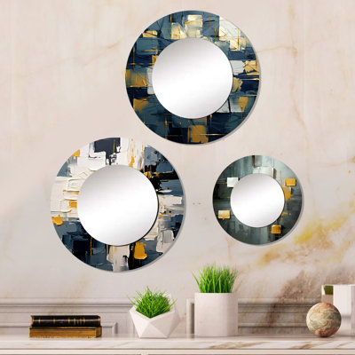 Keshia - Ensemble de 3 miroirs ronds sur décor abstrait en métal brillant