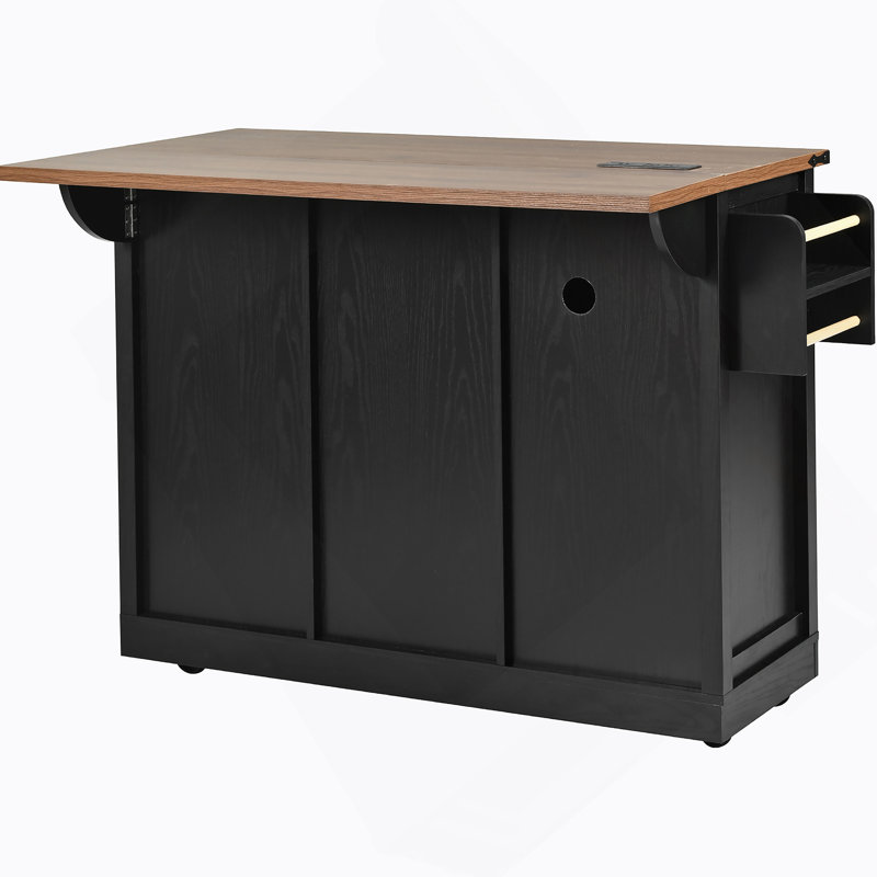 53.7" Farmhouse Kitchen Island With Power Outlet, 2 Sliding Barn Door Kitchen Storage Island With Drop Leaf, Spice Rack Rolling Kitchen Cart On Wheels, For Home, Kitchen And Dining Room, Black