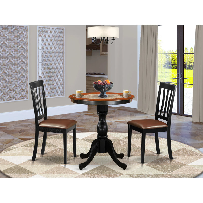 La table et les chaises de cuisine 3 pièces comprennent une table de salle à manger ronde avec piédestal et 2 chaises de salle à manger rembourrées en similicuir, noir et cerise