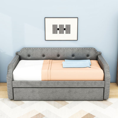 Twin-Size Linen Upholstered Daybed with Twin Trundle and Slats