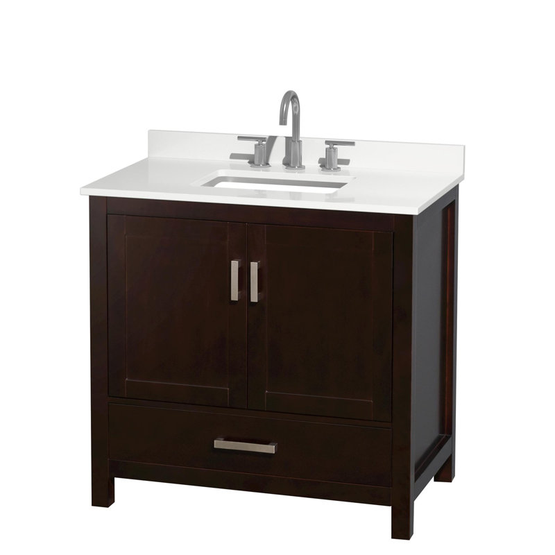 Ensemble de meuble-lavabo simple 36 po avec plateau en quartz Sheffield, Quartz blanc, Brun, Chrome