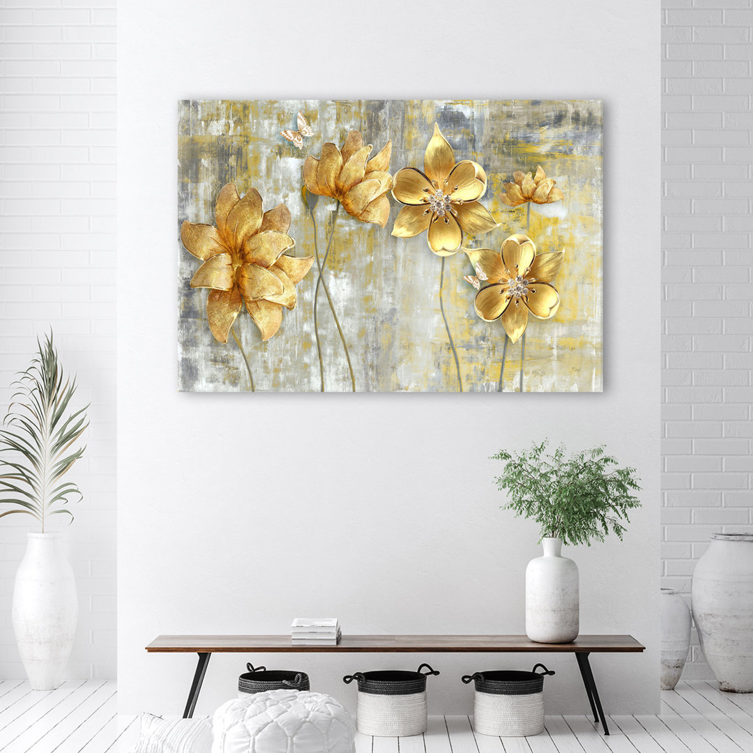 Leinwandbild, Goldene Blumen und Schmetterlinge